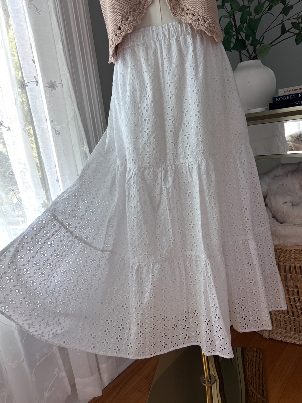 White Cotton Eyelet Tiered Midi Skirt - Lightweight Summer Essential - Picture 2 of 5